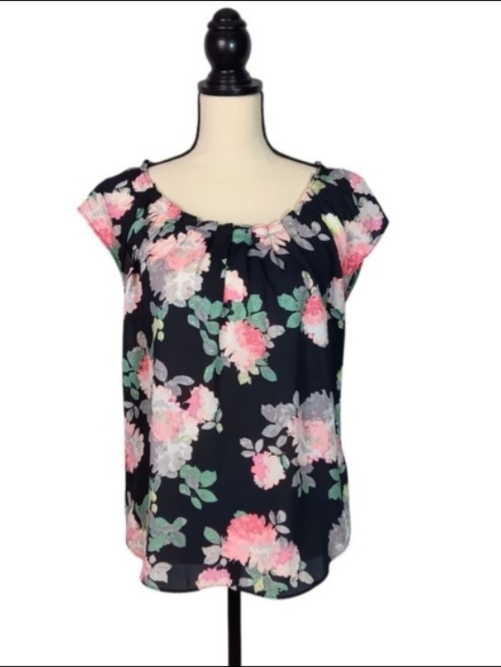 LC Lauren Conrad Women's Black & Pink Floral Romantic Blouse W/ Nape Tie, Small